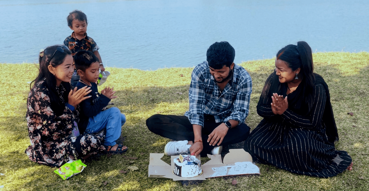 Family birthday celebration with cake by the lake at Mini Goa Pathankot